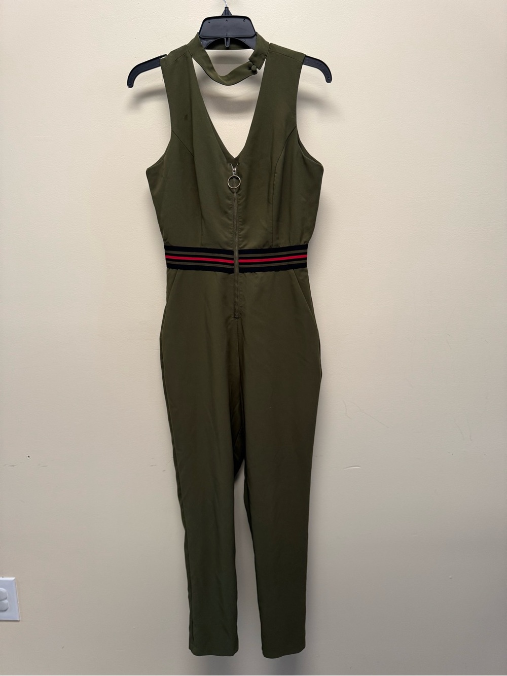 XOXO Olive Green Sleeveless V-Neck Jumpsuit with Striped Waistband